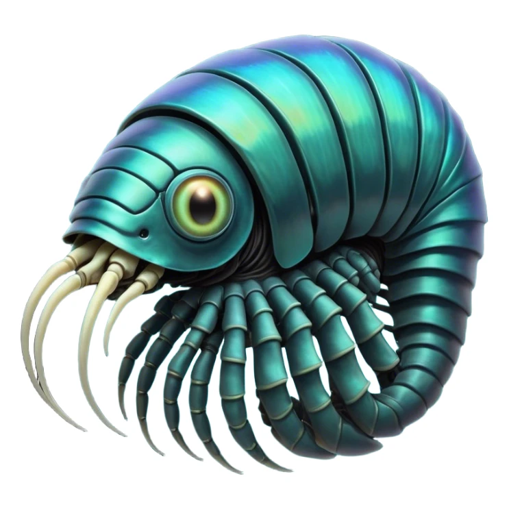 An iridescent, chitinous trilobite with glowing cyan eyes pulses rhythmically as a miniature black hole orbits its brow, distorting space-time. Its fractal-patterned exoskeleton shifts colors unsettlingly, and its mouth opens into a spiraling void that hums with forgotten whispers.







 sticker