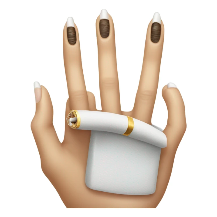 A hand with long manicured nails and a ring on every finger, holding a cigarette  sticker