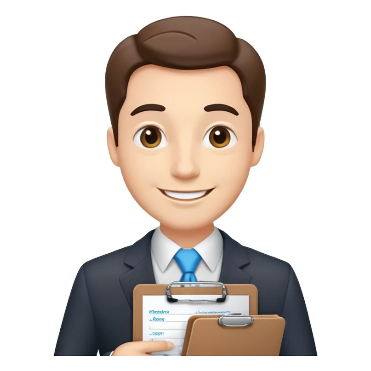 car salesman with a clipboard, cheerful expression, suit sticker