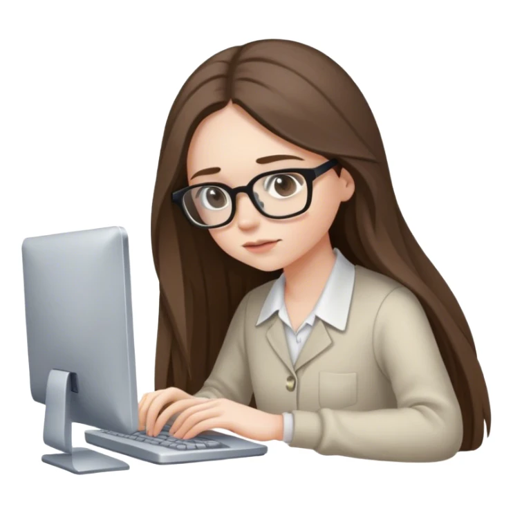 pale brunette girl with long hair wearing glasses working on computer looking down sticker