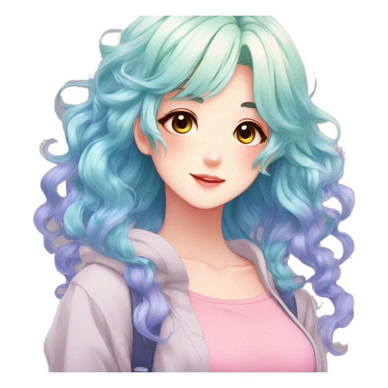 Gorgeous anime style shojo character with blushing face aesthetic and pretty colorful shiny gradient pastel hair with hair garment trending style sticker