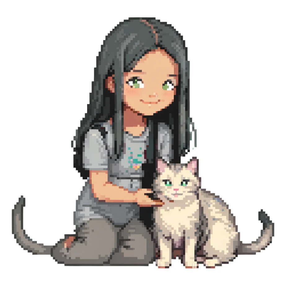 Remix: Beautiful girl with long straight black hair, inspired by the reference, petting a gray and blonde mixed cat, pixel art style, girl smiling, cat on her lap sticker