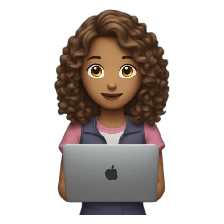 girl with long curly brown hair with a laptop in her hands sticker