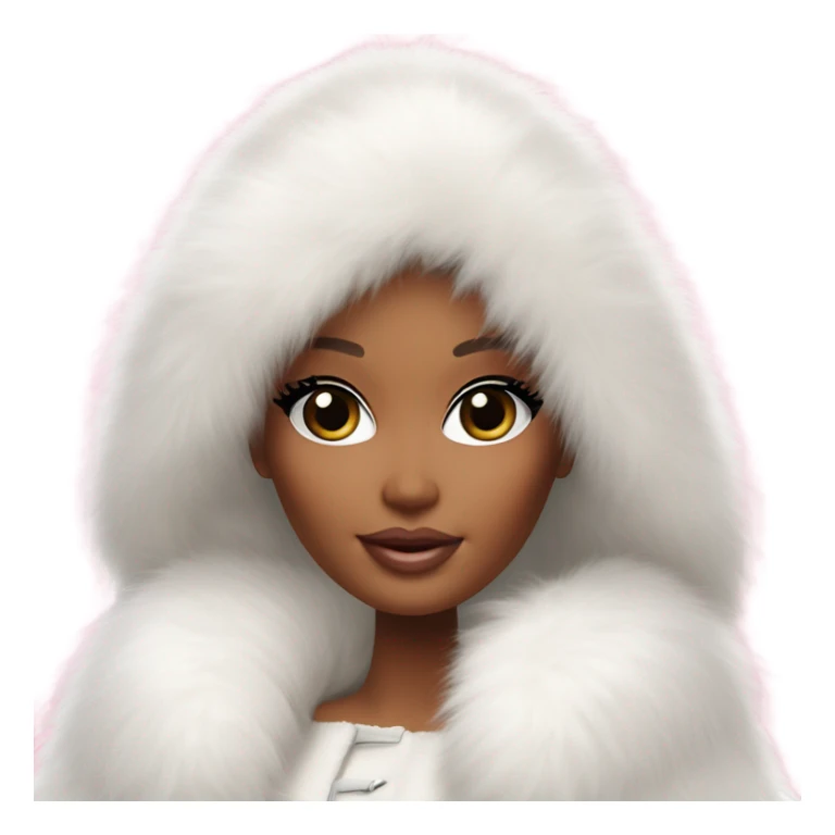 Barbie in an extremely big fluffy oversized white fur coat with hood on. The fur is real and it’s very obvious big and fluffy like in Pinterest  sticker