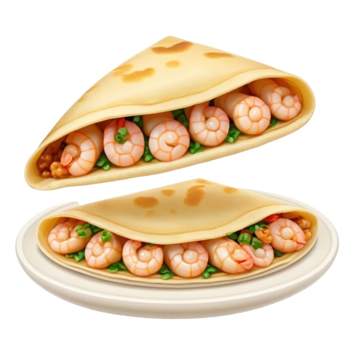 Bánh Xèo Cinematic Realistic Bánh Xèo Dish Emoji, depicted as a crispy, folded semi circle crepe filled with tiny shrimp and pork, rendered with dynamic textures and vibrant, appetizing lighting. sticker