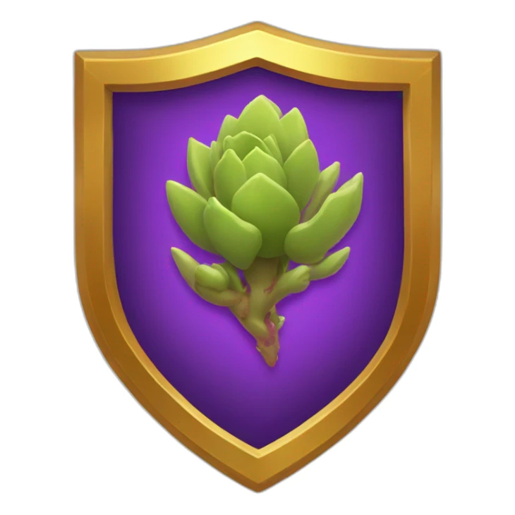 purple shield with a gold border and a sprouting gold and red succulent at the centre sticker