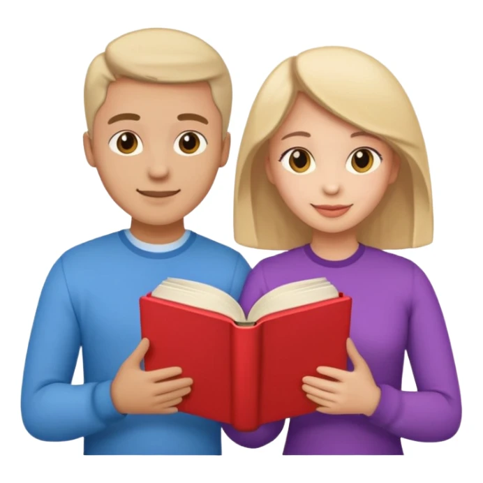A man and a woman facing each other, both holding a single book together. From the book, colorful heart emojis are popping out playfully, creating a cheerful and romantic atmosphere sticker