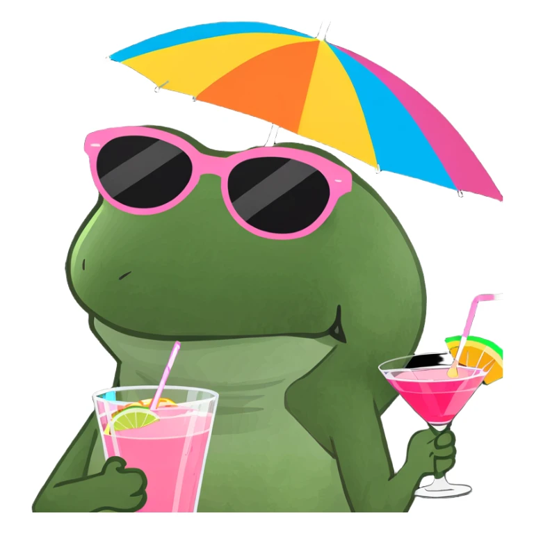 Bufo frog in a jumping pose, with rainbow umbrella hat, oversized sunglasses, holding a pink cocktail, classic Bufo meme style sticker