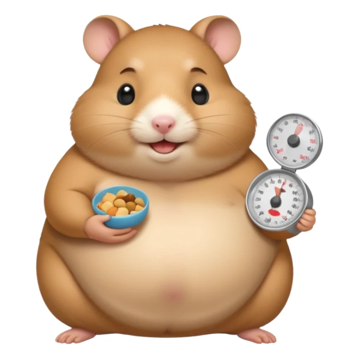 fat hamster holding pregnant belly smiling holding a tiny food scale sticker