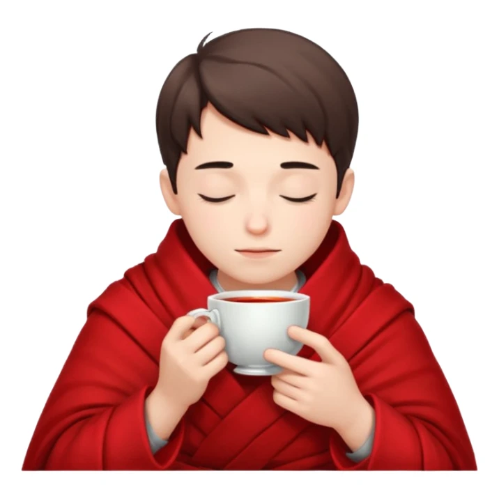 A European boy is sitting wrapped in a red blanket, drinking tea with his eyes closed. sticker