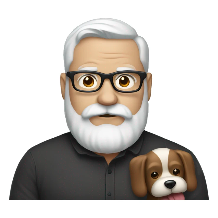 Heavy white dad, with a big brown beard and black rectangle glasses and brown hair holding a balloon dog sticker