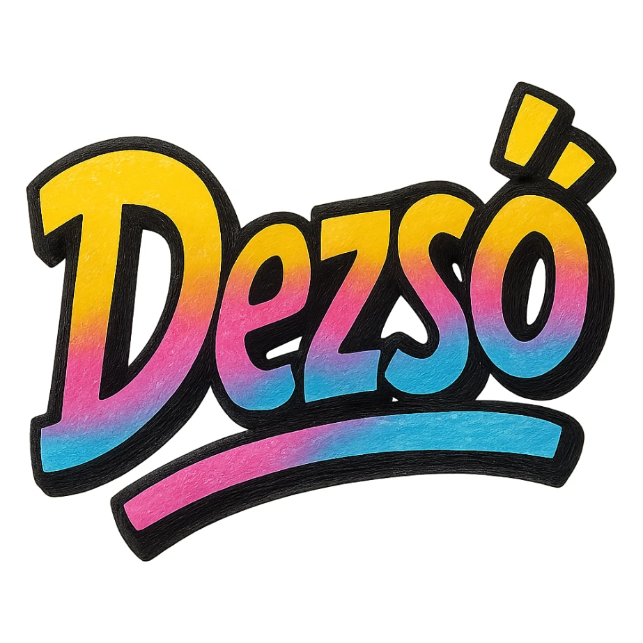 Dezső name in modern colorful gradient font with dark outline, dynamic slanted or partial underline, in the style of reference patterns sticker