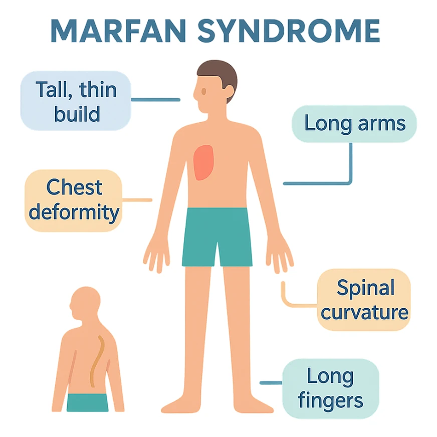 colorful educational graphic showing Marfan syndrome physical features: tall thin build, long arms, long fingers, chest deformity, and spinal curvature, with labeled callouts, suitable for general audience sticker
