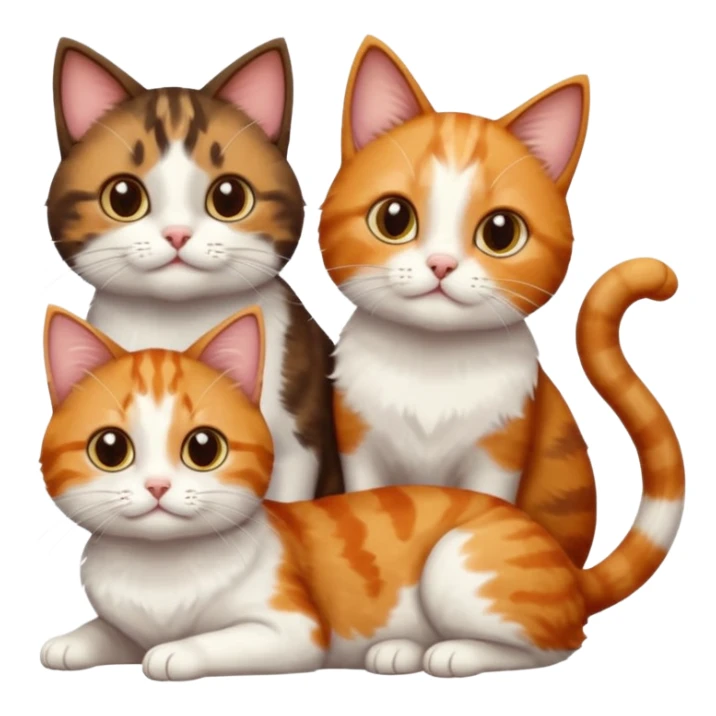 3 different coloured small cats including a dark brown tabby and white, and a patchy calico, and a ginger and white sticker