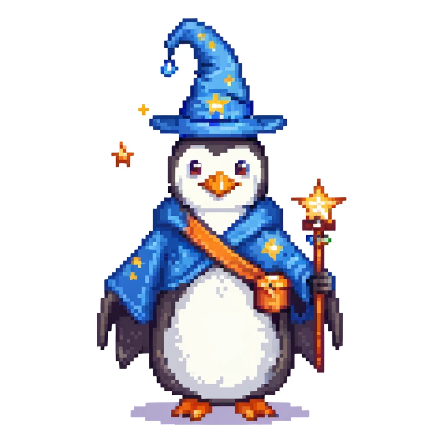 penguin wizard wearing a blue robe and starry hat sticker