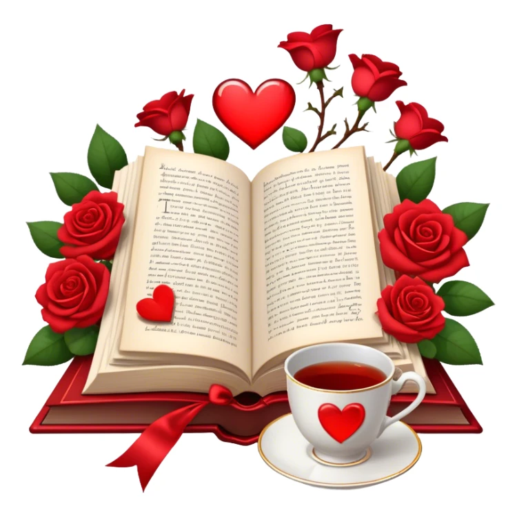 Icon for Romance Reading: an open book with a heart-shaped bookmark, surrounded by roses, a love letter, and a cup of tea, with small hearts and Cupid with bow and arrows flying out of the pages. Transparent background. sticker