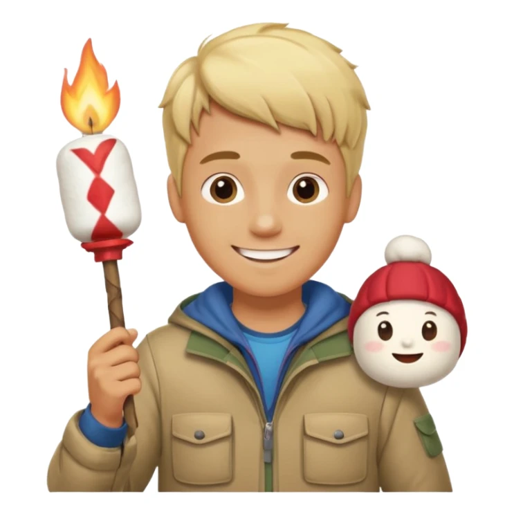 bşonde male with camping clothes holding marshmallow stick sticker