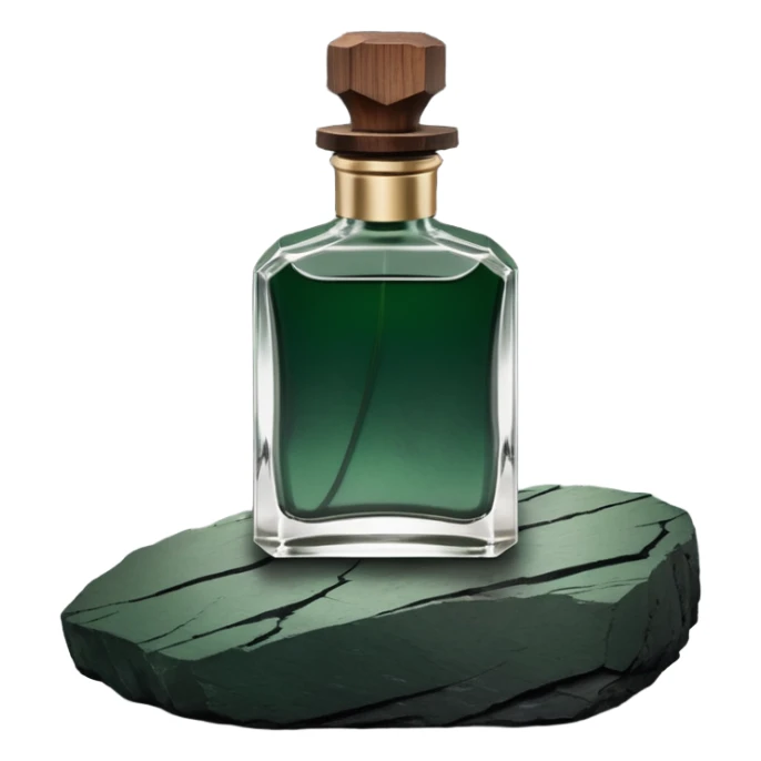 A masculine fragrance bottle featuring a gradient of deep forest green to charred black glass. The cap is made of dark walnut wood. The bottle is placed on a jagged piece of slate rock with a faint mist in the background. Earthy, moody, textured, photorealistic. sticker