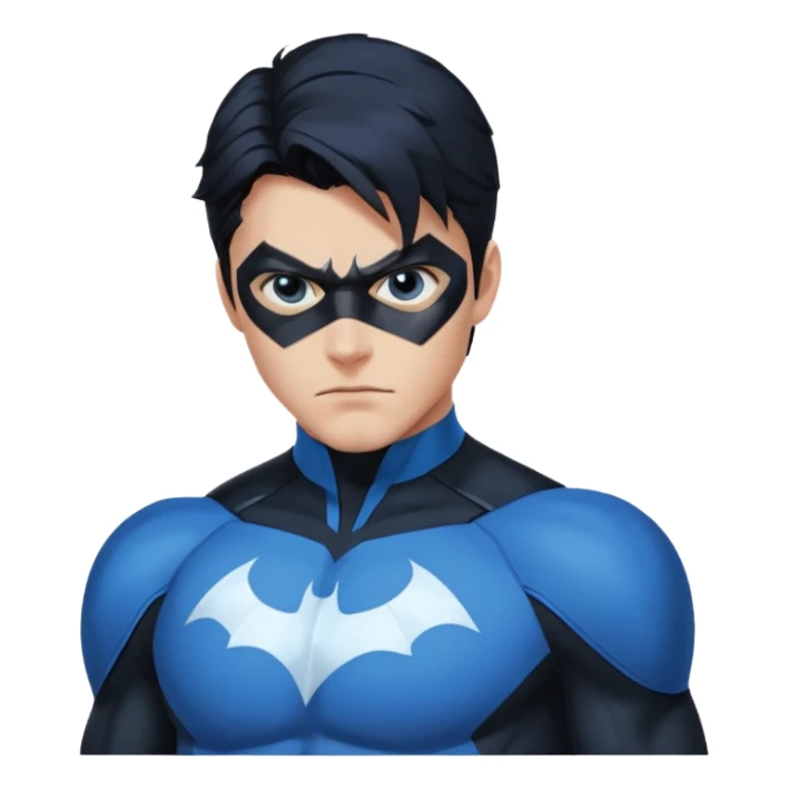nightwing with white eyes, wearing nightwing uniform, analyzing evidence sticker