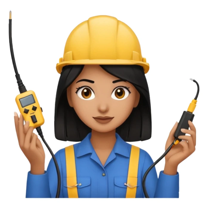 as a beautiful brown girl with black hair  electrical engineer holding electric wires without glasses and emoji style sticker