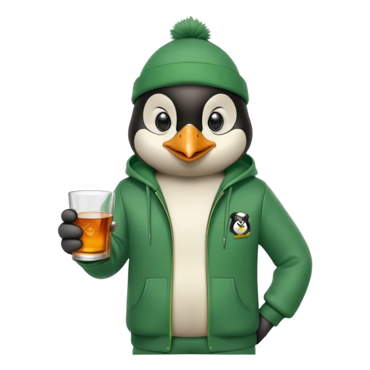 head and shoulders portrait of a friendly anthropomorphised penguin wearing a green mafia-style tracksuit, angry confident scheming expression, holding a glass of whiskey sticker