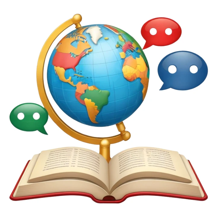 An icon featuring a globe with speech bubbles in different languages, symbolizing the study of foreign languages. The design includes a book and a pencil, representing learning and communication across cultures. Transparent background highlights the global nature of language education. sticker