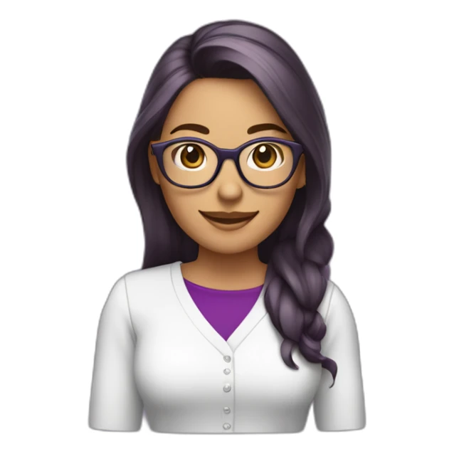 mujer con piel de color blanco con gafas camisa morada sonriente cabello corto y de color marron con un computador sticker