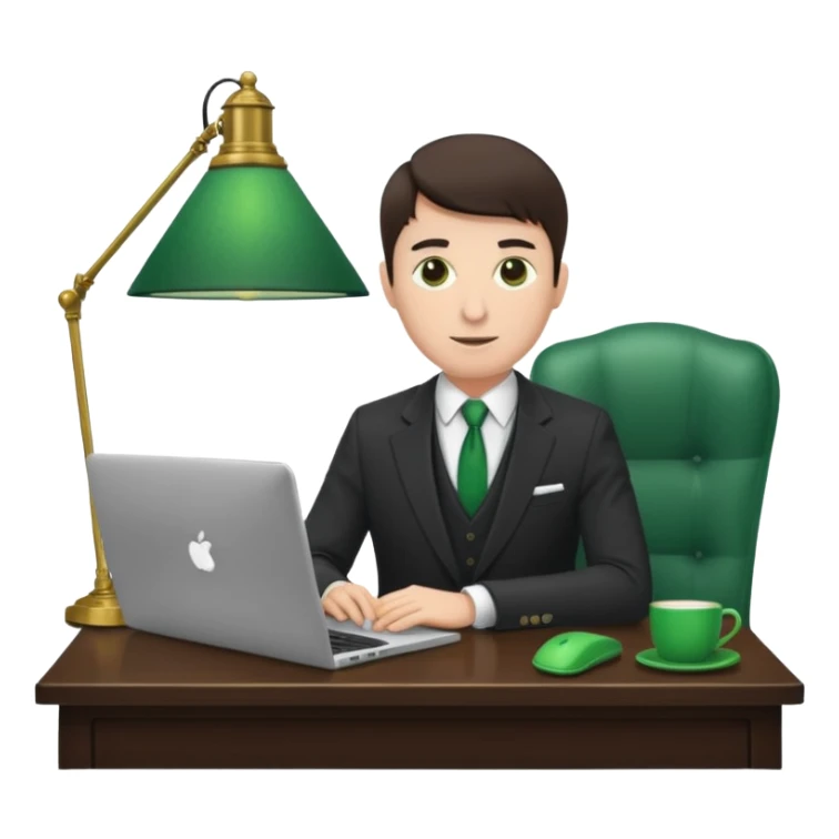 Mach mir einen Trader mit Anzug der mit seinem Laptop am schreibtisch sitzt mit so einer alten grünenlampenschirm lampe sticker