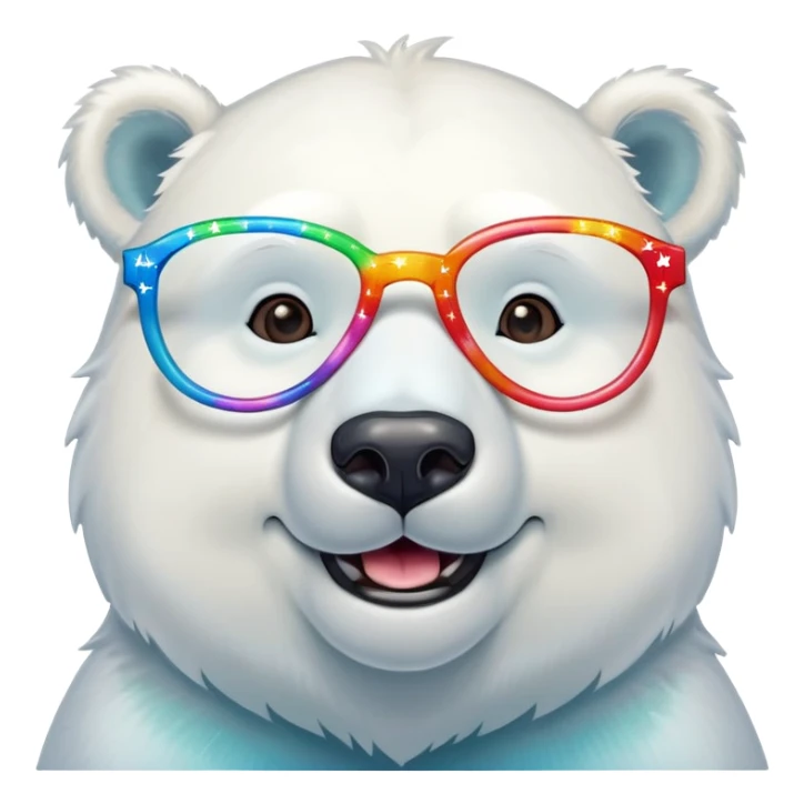 head and shoulders of a friendly anthropomorphised polar bear smiling, wearing large multicolored star-shaped glasses sticker