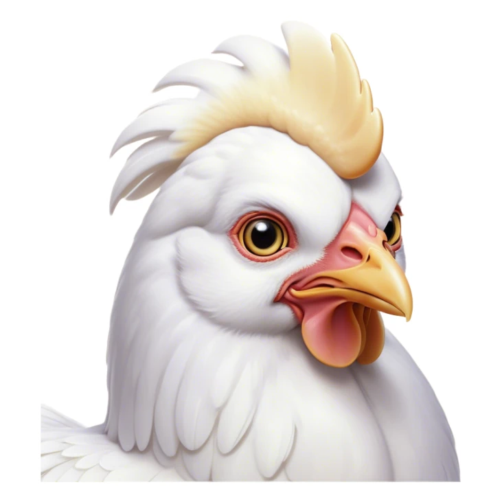 Cinematic Noble White Chicken Portrait Emoji, Poised and regal, with a compact, sturdy build and a pristine, well-groomed pure white plumage, deep-set soulful beady eyes, Simplified yet sharp and sophisticated features, highly detailed, glowing with a soft, dignified glow, high shine, intelligent and alert, stylized with an air of barnyard elegance, focused and attentive, soft glowing outline, capturing the essence of a watchful and confident fowl, so majestic it feels as though it could strut out of the screen with effortless authority! sticker