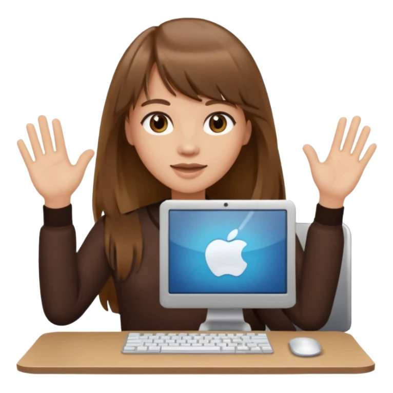 a designer with light skin long brown hair bangs waving with computer, no glasses sticker