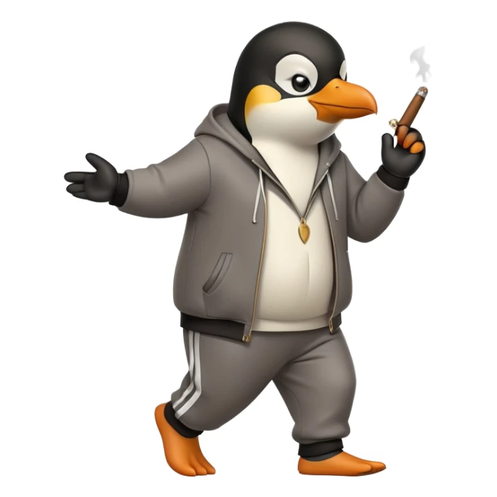 friendly anthropomorphised penguin wearing a mafia-style tracksuit, holding a cigar, secretive scheming pose, angry expression, stomping while walking sticker