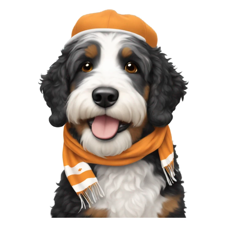 Bernedoodle with University of tennessee hat and scarf sticker