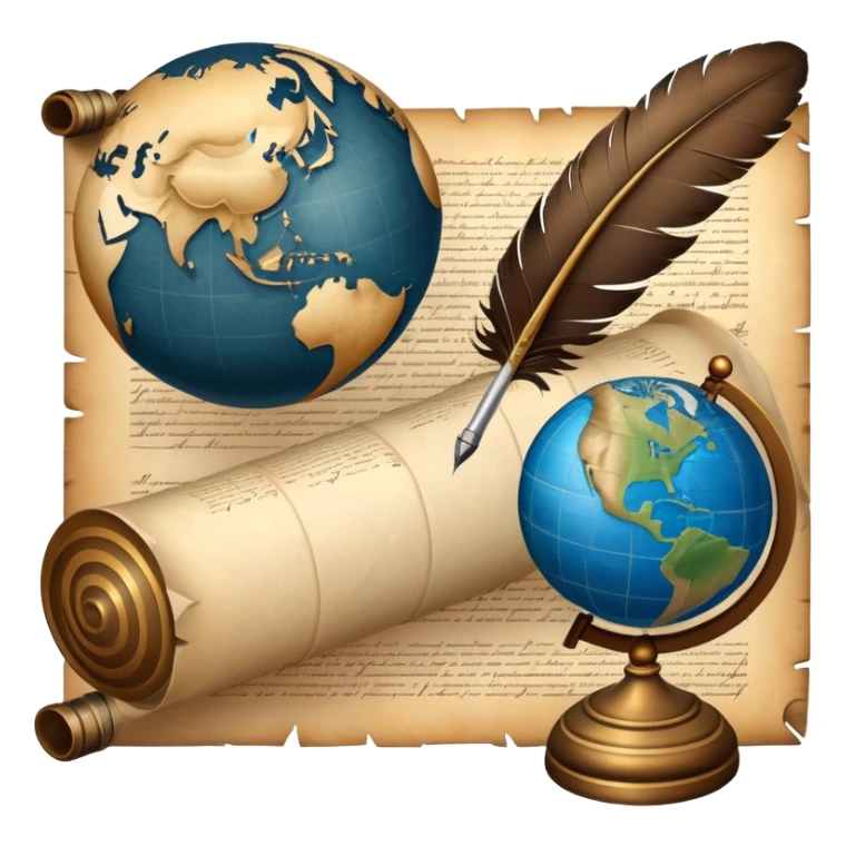 An icon featuring an ancient scroll, a quill pen, and a globe, symbolizing the study of history. The design includes a timeline with significant historical events, with ruins in the background to evoke past civilizations. Transparent background emphasizes the exploration of human history sticker