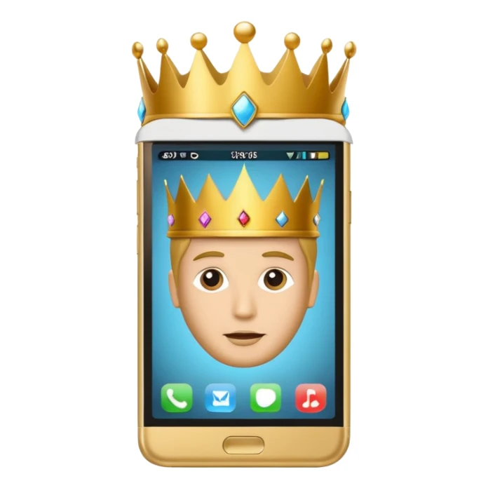 gold premium smart phone, king crown, apps on screen, no memoji sticker