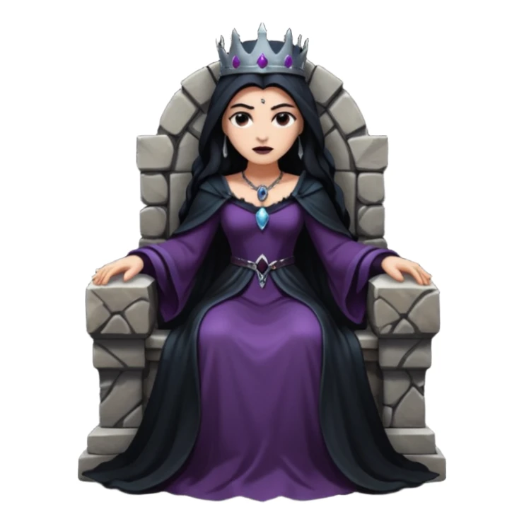 Dark queen seated on stone throne, relaxed dominance, heavy shadows, cold sticker