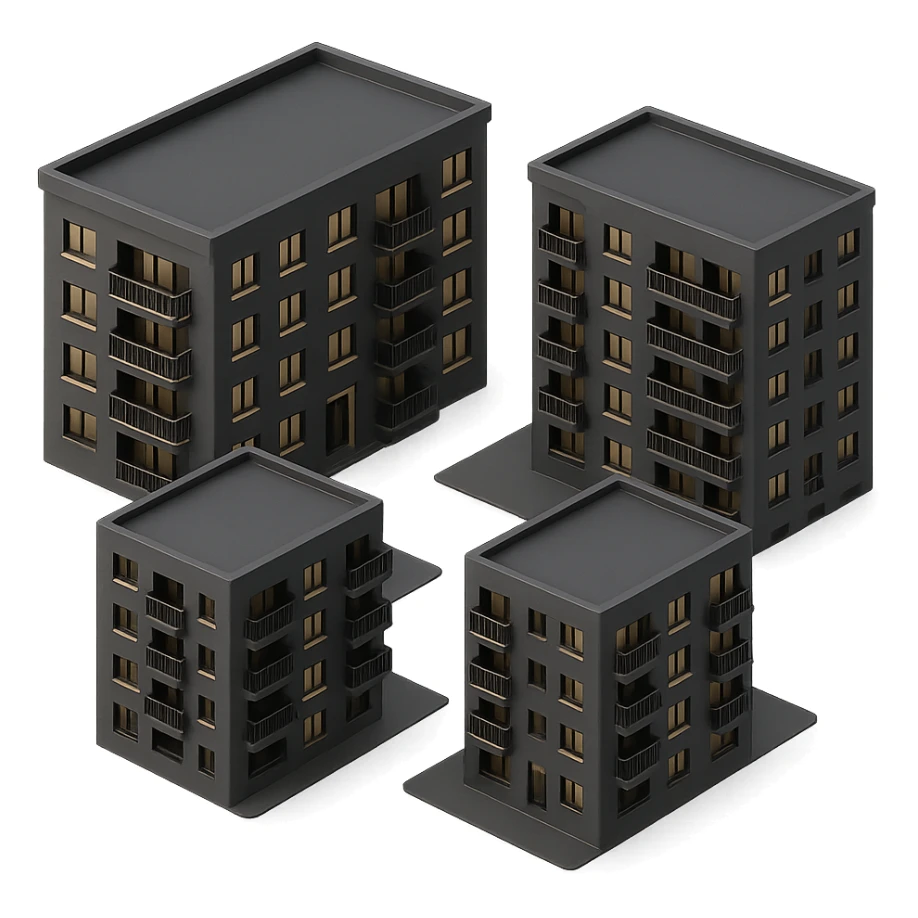 a new residential complex, modern apartment buildings in 3D black style sticker