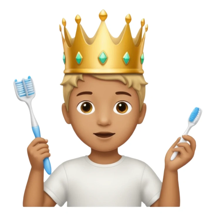 Creat an emoji for child with wearing small crown and flying holding toothbrush sticker