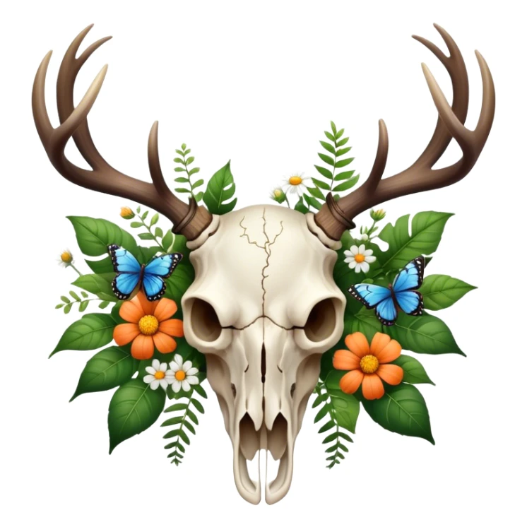 Elk skull with plants, flowers, butterflies  sticker