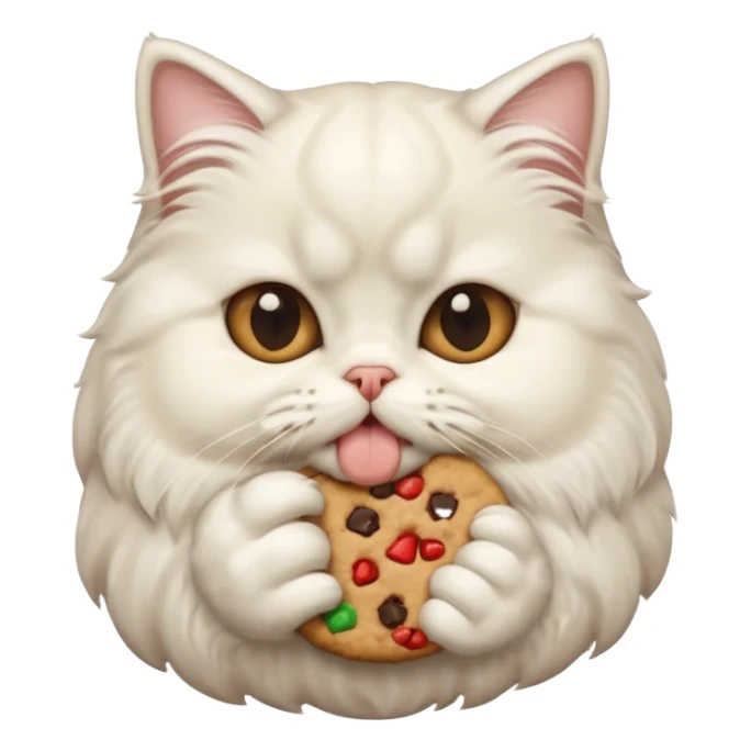 white Persian cat with a cookie in its mouth, emoji style sticker