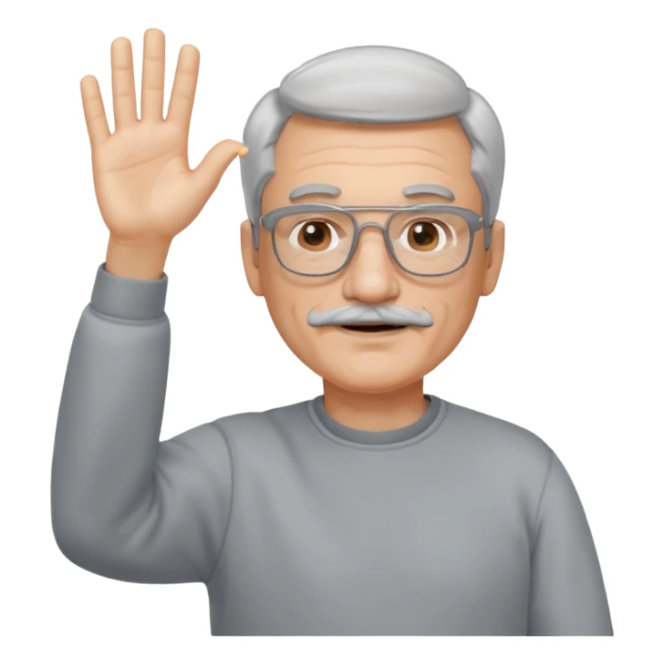 60 yr man with partially gray hair, mustache, light glasses, sweatshirt, waving hello sticker