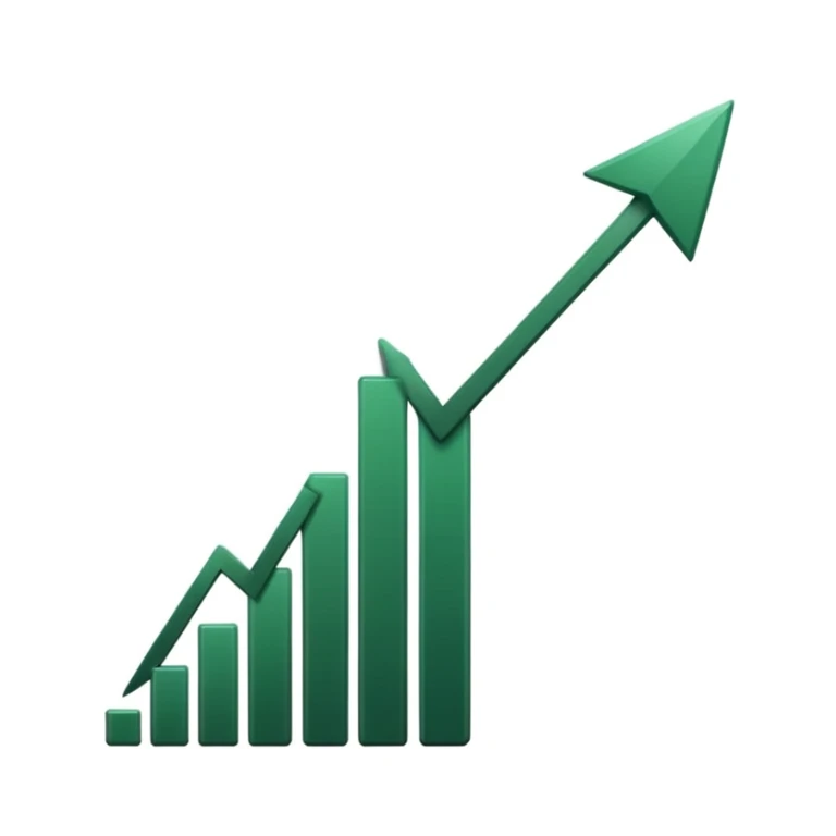 growth chart with white bars and dark green shadows and details, dark green arrow, minimalistic style, no emojis or faces, iOS emoji style sticker