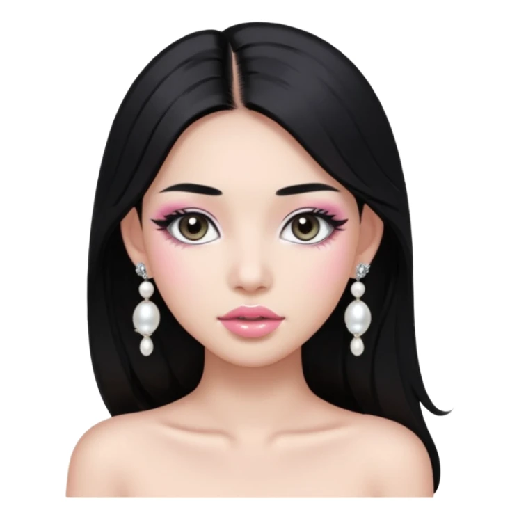 asian long black hair silver grey eyes glossy lips glittery white and light pink eyeshadow girl pearl earrings sticker