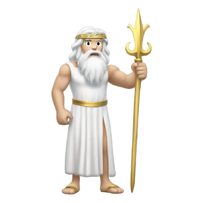 white man Poseidon with gold trident. long white hair white dress. with mechanic cap sticker