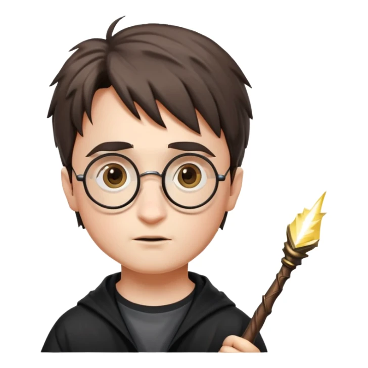 Harry Potter with round glasses, lightning scar, and wand sticker