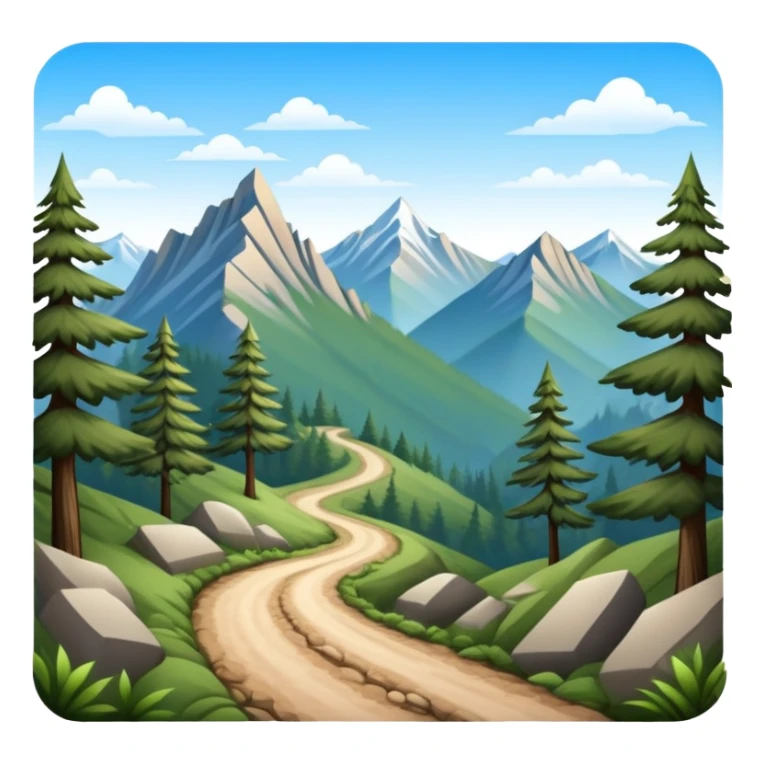 a forest trail or rocky mountain road. The background shows dense trees, steep slopes, and distant peaks under a clear blue sky. sticker