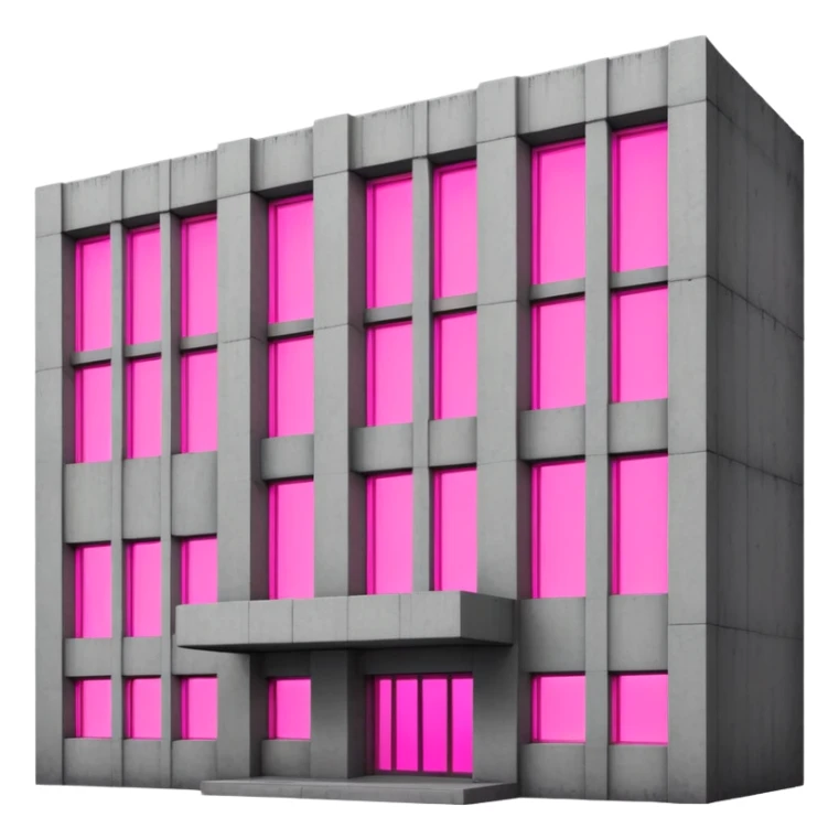 Concrete block building in brutalist style with one pink neon window and several standard windows sticker