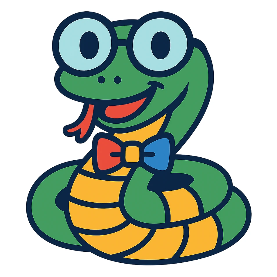 Add a colorful bow tie to the nerd snake with round glasses, keep the background transparent. sticker