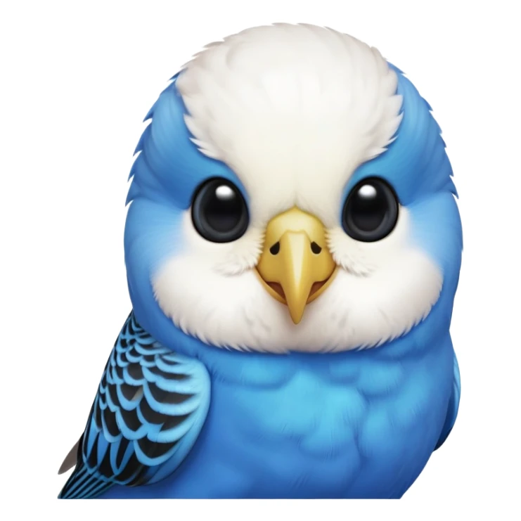 cinematic-cute-blue-budgie-portrait-emoji,-head-tilted-playfully-and-inquisitively,-featuring-a-brilliant-blue-feathered-fur-and white and black feathered face-with-a-natural-sheen,-round,-sparkling-dark-eyes-filled-with-curiosity,-simplified-yet-irresistibly-adorable sticker