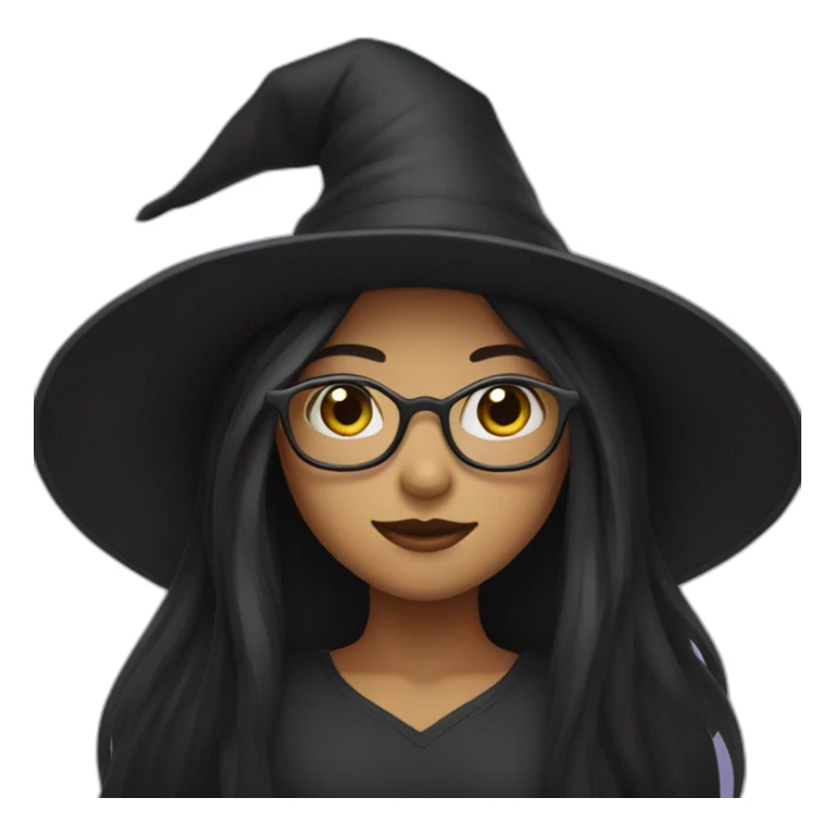 girl with black straight long hair, glasses and witch hat sticker
